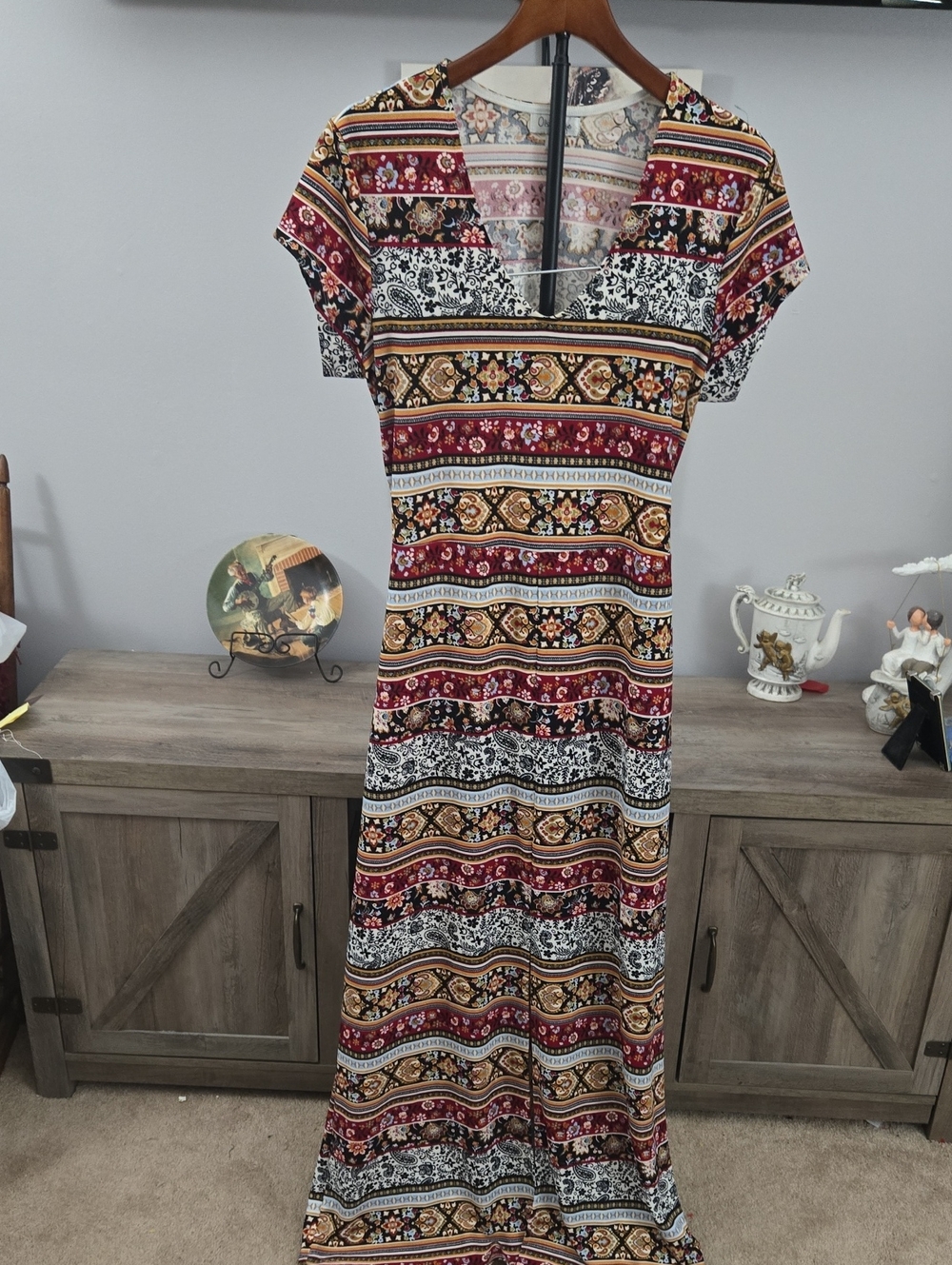 Olsenboye V-Neck Striped Maxi Dress in Burgundy, Mustard, Black and White